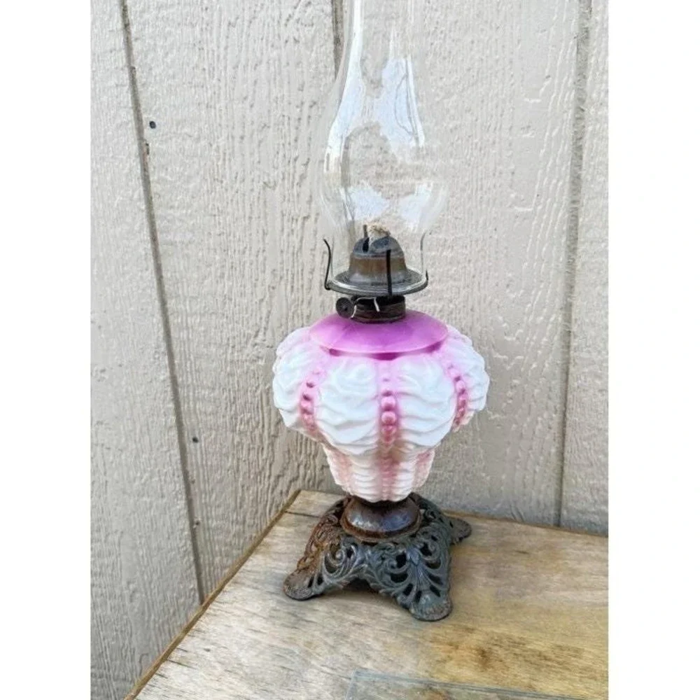 Vintage‎ Antique Fenton Ruffle Pink Cranberry Oil Lamp